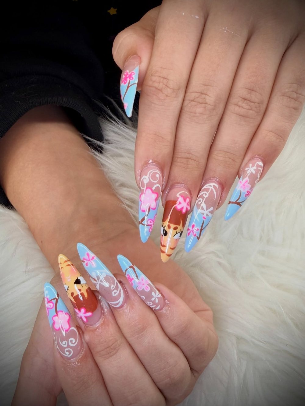 Pink and blue springtime nail art