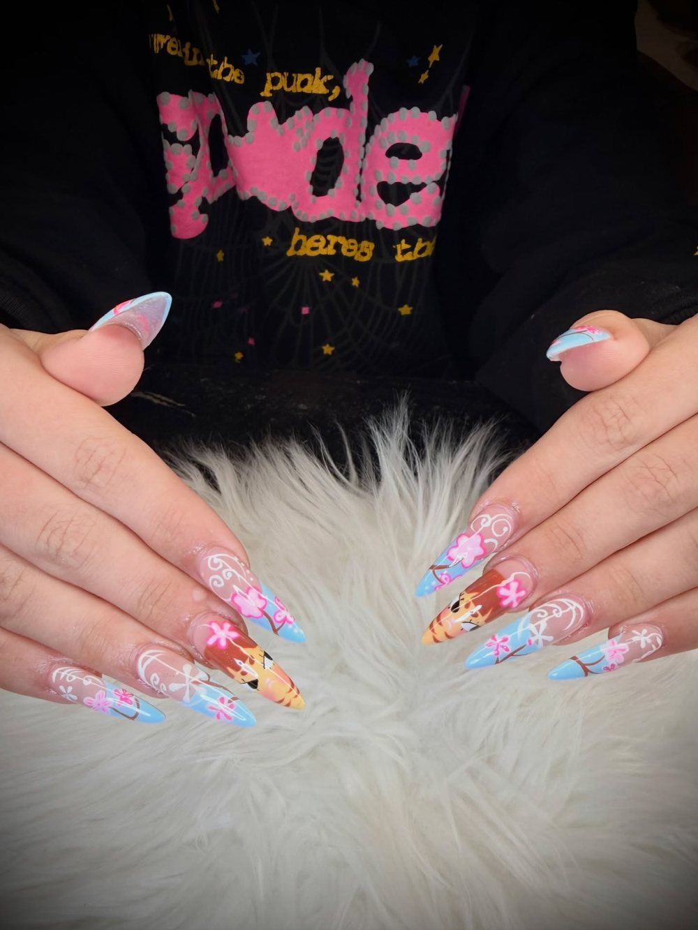 Pink and blue almond nail art